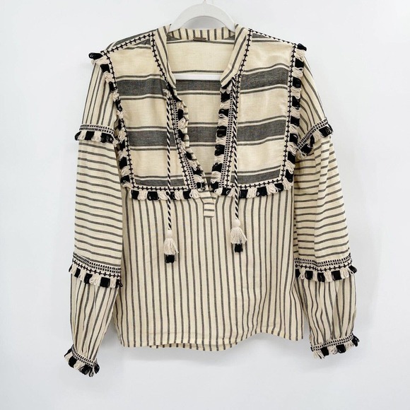 Dodo Bar Or Emanuelle Cotton‎ Blouse Striped Size S Peasant Tassel Tie Fringe - Picture 1 of 10